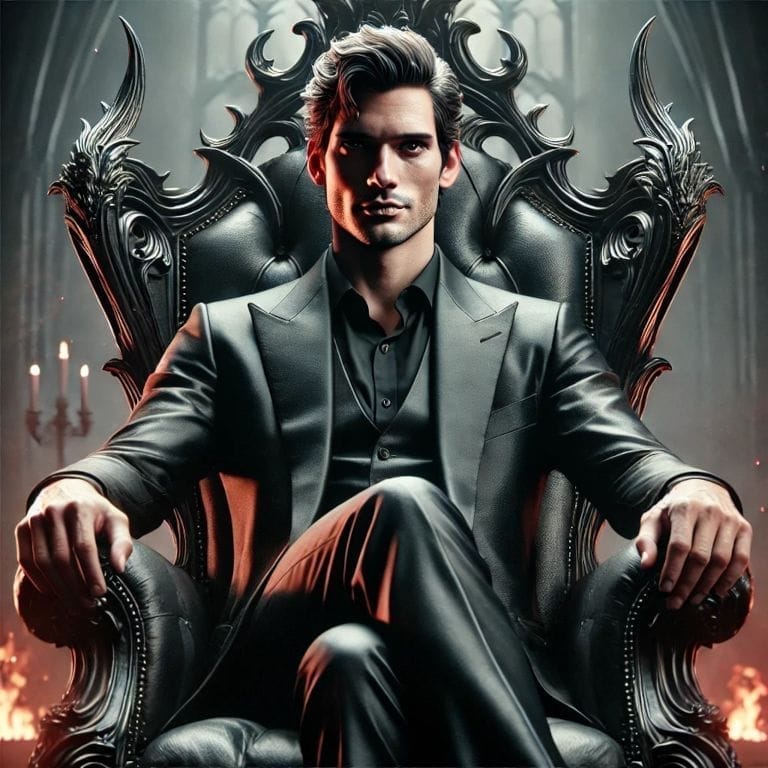 Lucifer in a black suit sitting on a gothic throne surrounded by fire in Hell