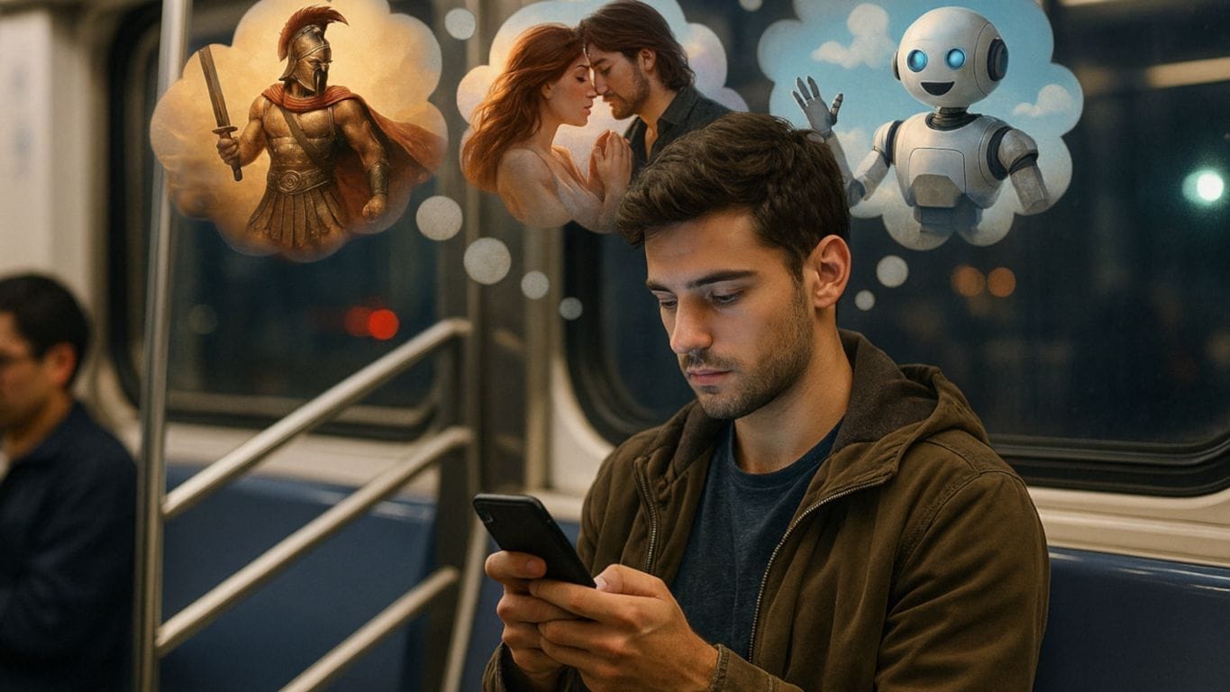 Man riding subway daydreams about a warrior, a romantic couple, and a friendly robot while chatting on his phone