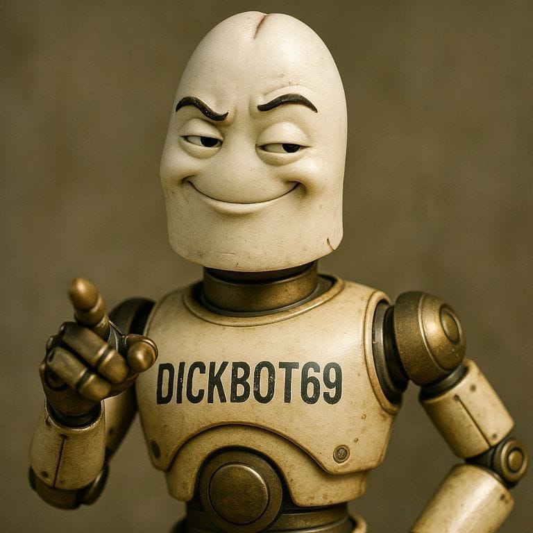 A smirking humanoid robot labeled “DICKBOT69” points forward with a mischievous expression.