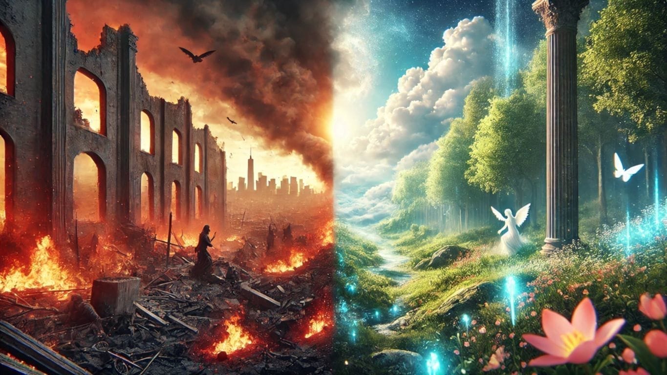 Photorealistic wide image transitioning from a gritty apocalyptic hellscape to a surreal, celestial heaven — symbolizing the evolution of storytelling.