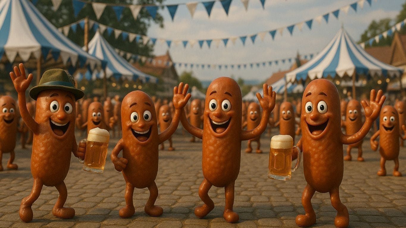 Anthropomorphic sausages celebrate Oktoberfest outdoors, holding beer mugs and waving under striped tents and festive bunting.