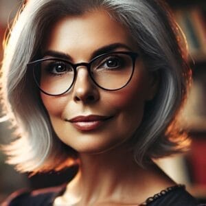 Confident silver-haired woman in glasses, representing AVA the AI writing chatbot for fiction authors.